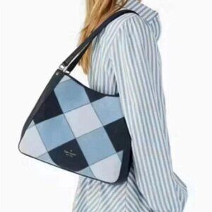 Kate Spade Leila Triple Compartment Patchwork Suede Shoulder Bag Blue